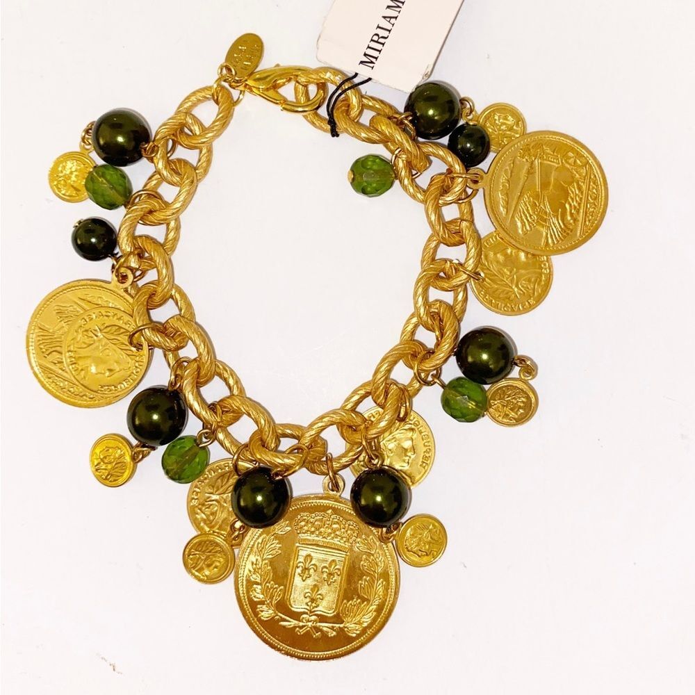 Vintage Miriam Haskell Charm Bracelet With Green Pearls and Beads